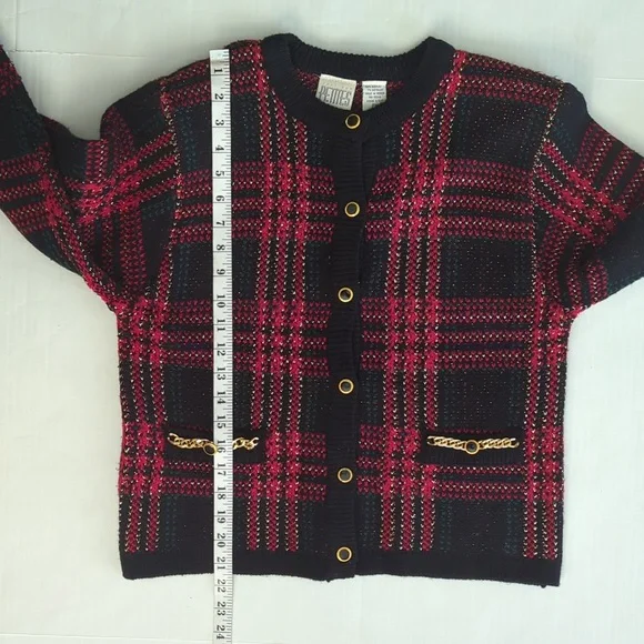 Just for Petites Plaid Chain Link Cardigan Sweater PM Black Red - Picture 15 of 16